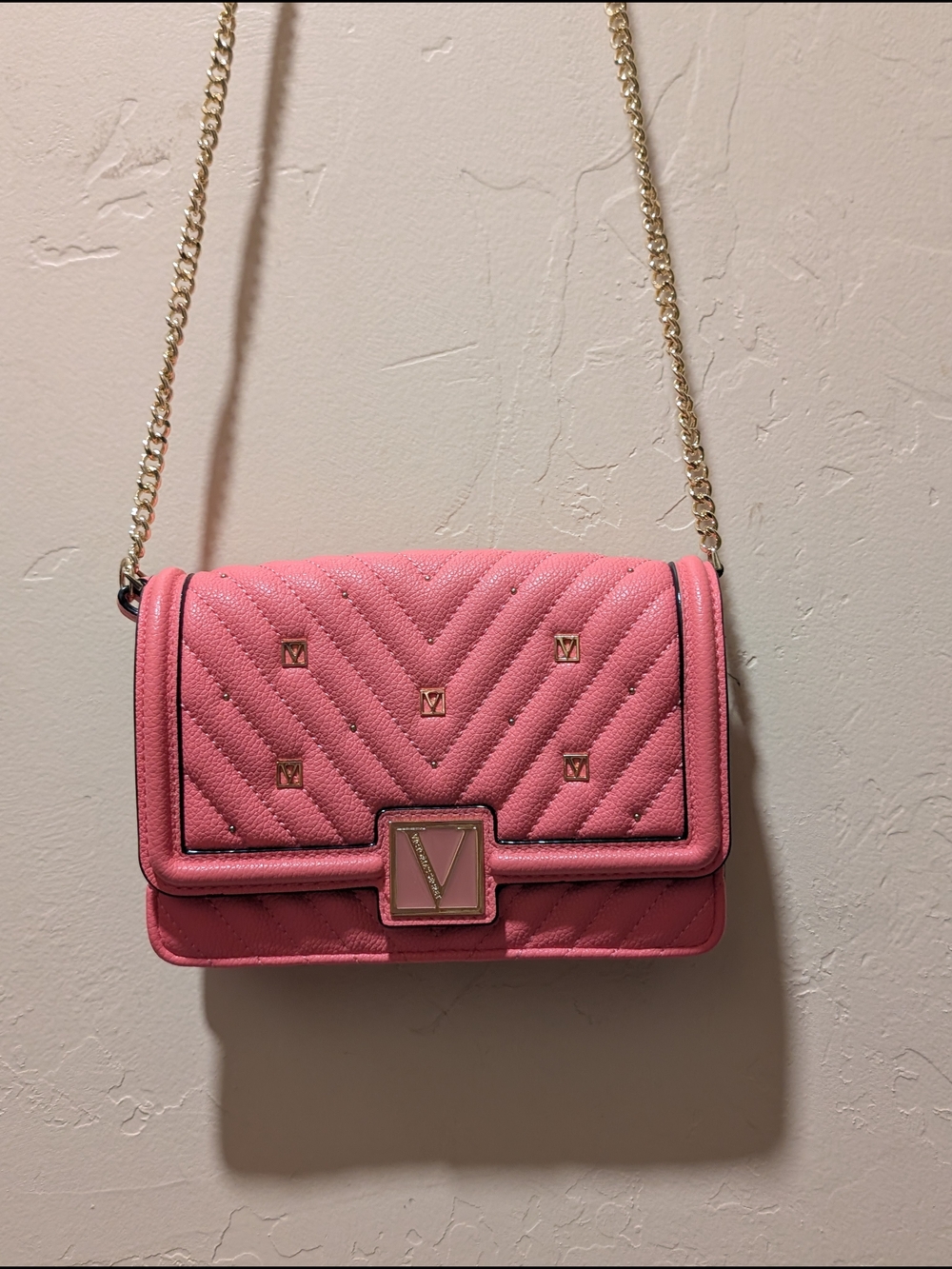 Victoria Secret Logo Quilted Crossbody Bag in Pink Salmon/Coral With Gold Accent